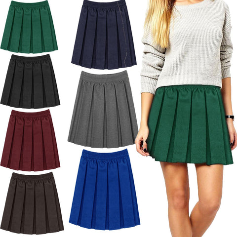 GIRLS KIDS SCHOOL UNIFORM BOX PLEATED ELASTICATED WAIST SKIRT AGE 2-18 YEARS