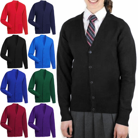 KIDS GIRLS BOYS SCHOOL UNIFORM CARDIGAN FRONT BUTTON POCKET JUMPER AGE 2-14 YEAR