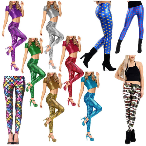 KIDS FISH SCALE MERMAID LEGGINGS GIRLS DISCO SPARKLE FANCY SHINY METALLIC PANTS