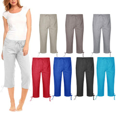WOMENS LADIES ELASTICATED 3/4 SHORTS CROPPED TROUSERS POCKET COTTON SUMMER PANTS