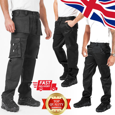 Mens Work Trouser Heavy Duty Trade Hard Wearing Cargo Combat Multi-pocket Black